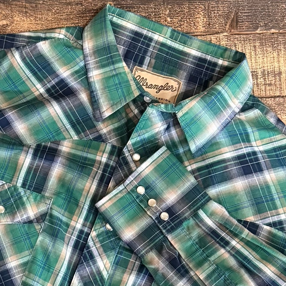 Wrangler Pearl Snap Shirt Men 2XL Western Cowboy Green Flannel Plaid Long Sleeve